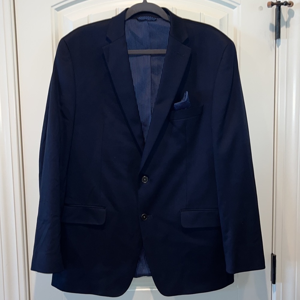 Michael Kors preppy navy suit jacket sports coat with pocket square size 42 Long
